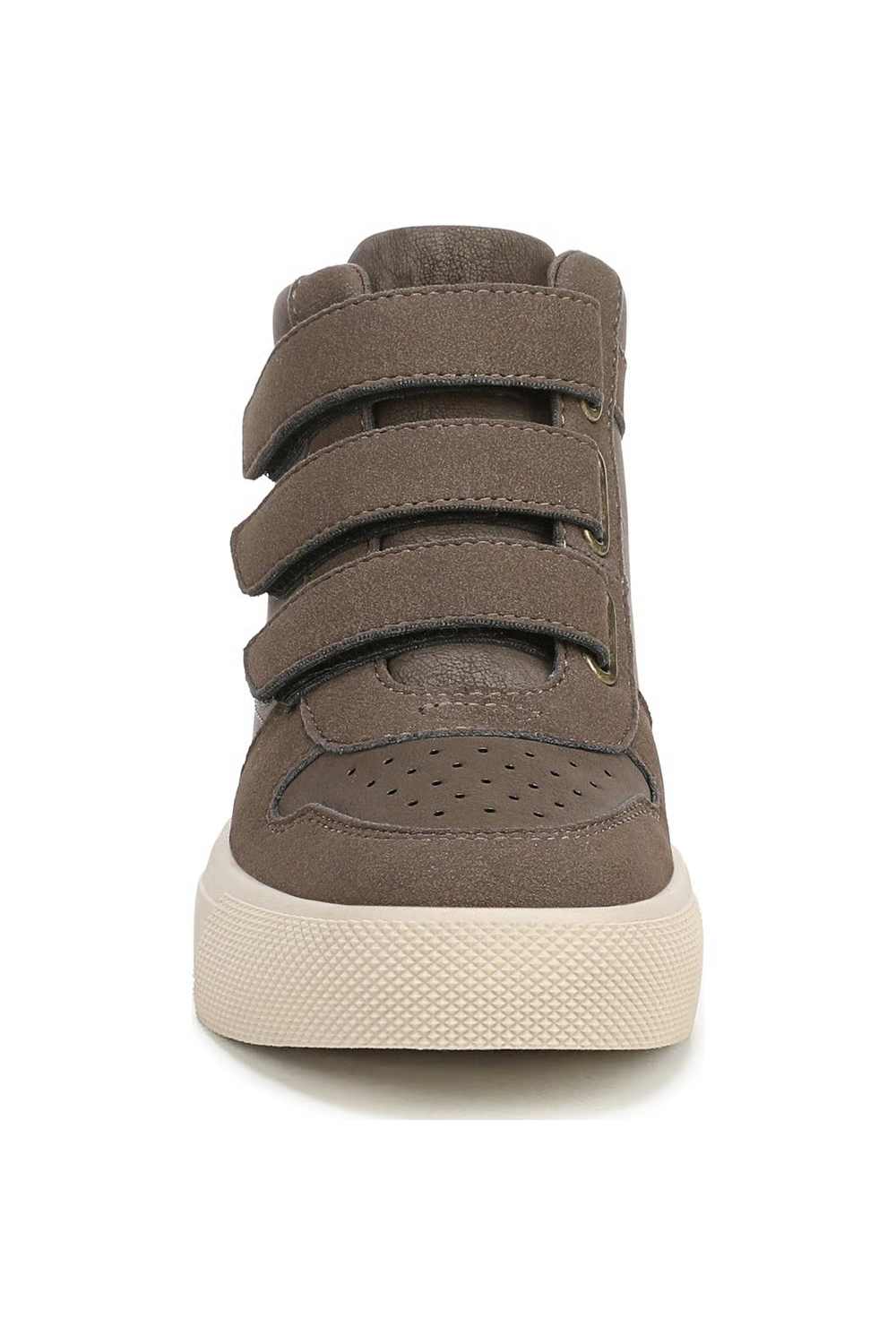 Front profile view of a Blowfish Malibu high-top wedge sneaker featuring taupe-grey woodsmoke suede, three hook-and-loop velcro straps, a perforated toe box, and a thick off-white rubber sole.