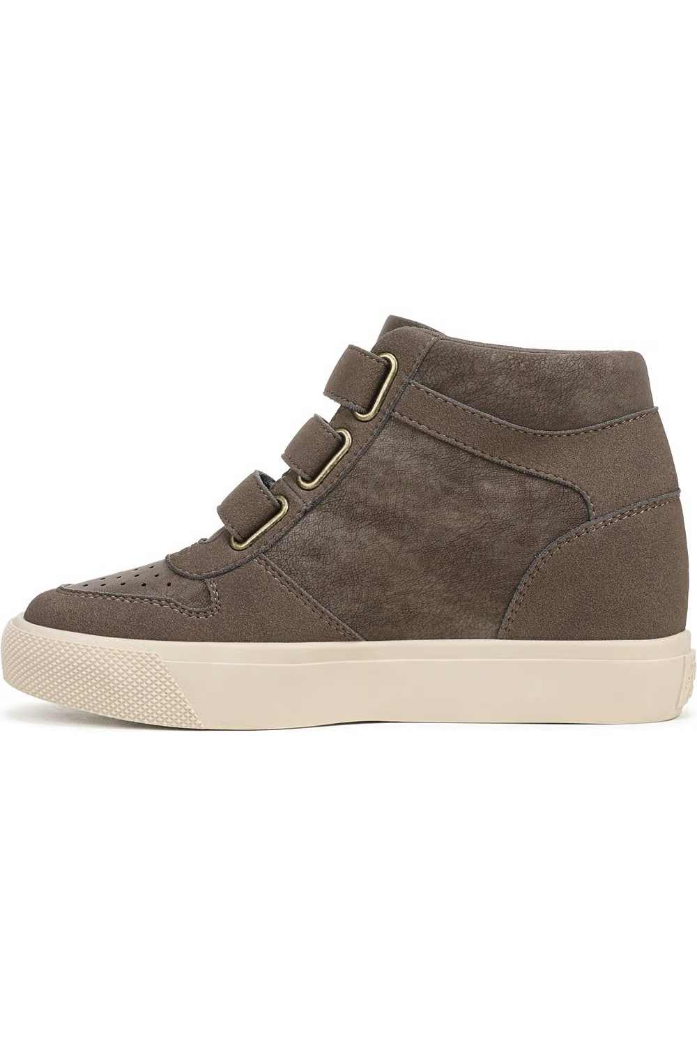 Left shoe profile view of a Blowfish Malibu high-top wedge sneaker featuring taupe-grey woodsmoke suede uppers, three adjustable velcro straps, perforated toe detail, and a thick off-white platform sole facing left.