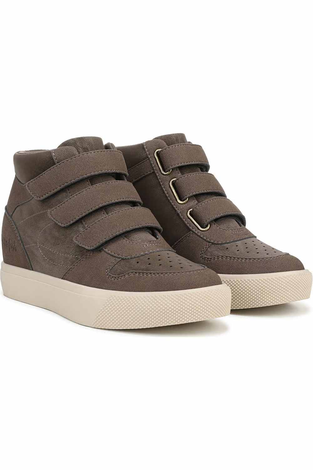 Right shoe profile of a Blowfish Malibu high-top wedge sneaker featuring taupe-grey woodsmoke suede uppers, three adjustable velcro straps, perforated toe detail, and a thick off-white platform sole.