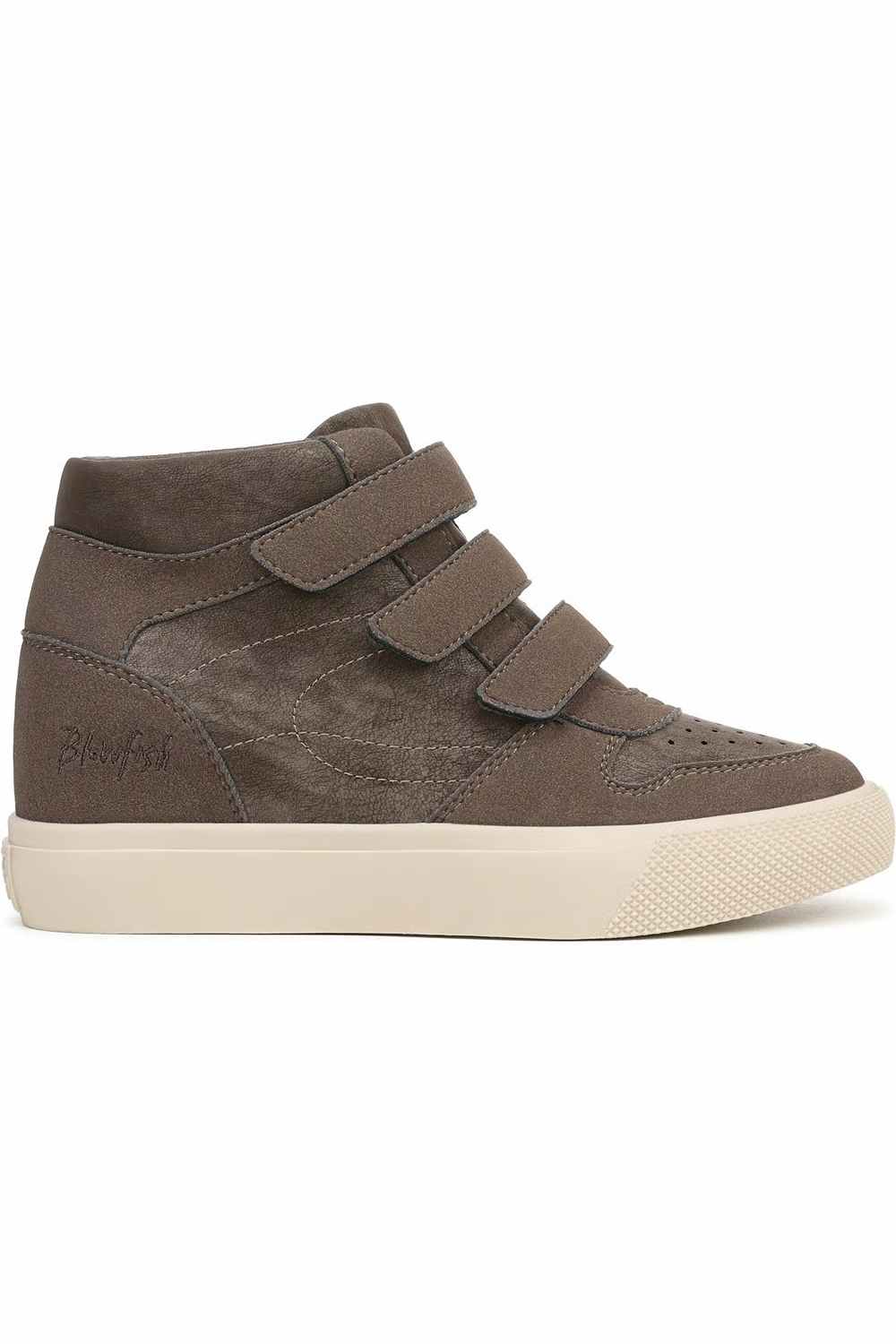 Right shoe profile of a Blowfish Malibu high-top wedge sneaker featuring taupe-grey woodsmoke suede uppers, three adjustable velcro straps, perforated toe detail, and a thick off-white platform sole.