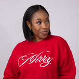  1897 Active Merry Script Embroidered Fleece Sweatshirt for Women in Red