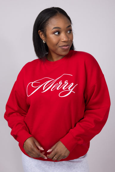  1897 Active Merry Script Embroidered Fleece Sweatshirt for Women in Red