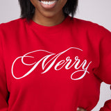  1897 Active Merry Script Embroidered Fleece Sweatshirt for Women in Red