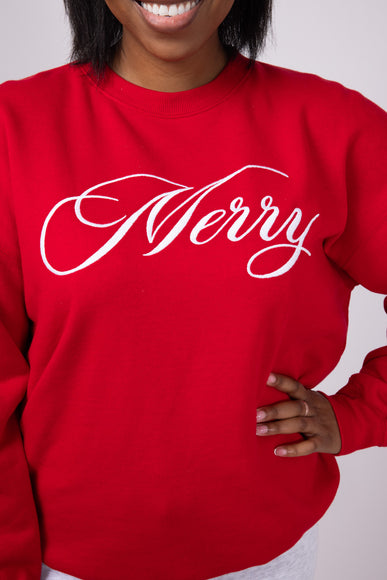  1897 Active Merry Script Embroidered Fleece Sweatshirt for Women in Red
