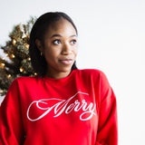  1897 Active Merry Script Embroidered Fleece Sweatshirt for Women in Red