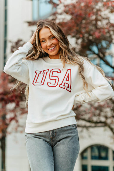1897 Active USA Embroidered Fleece Sweatshirt for Women in Ivory