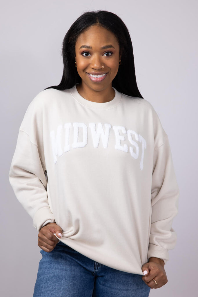 オリジナル Fleece Midwest Patch Chenille Active 1897 Crewneck Women for トップス