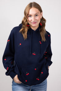 1897 Active All Over Cherry Embroidered Hoodie for Women in Navy