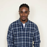 Washed Cotton Plaid Flannel Shirt for Men in Blue Olive 