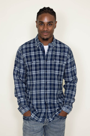 Washed Cotton Plaid Flannel Shirt for Men in Blue Olive 