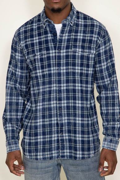 Washed Cotton Plaid Flannel Shirt for Men in Blue Olive 