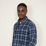Washed Cotton Plaid Flannel Shirt for Men in Blue Olive 