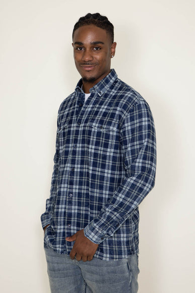 Washed Cotton Plaid Flannel Shirt for Men in Blue Olive 