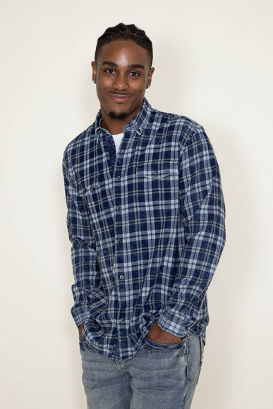 Washed Cotton Plaid Flannel Shirt for Men in Blue Olive 