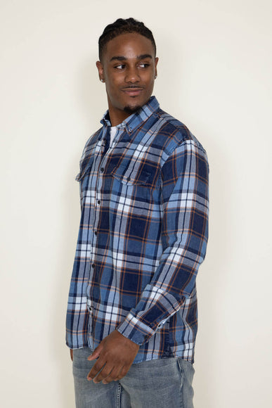 Washed Cotton Plaid Flannel Shirt for Men in Blue Rust 
