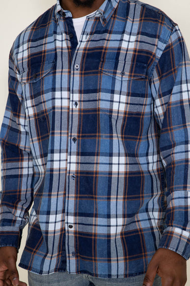 Washed Cotton Plaid Flannel Shirt for Men in Blue Rust 