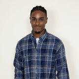 Washed Cotton Plaid Flannel Shirt for Men in Blue Tan