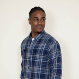 Washed Cotton Plaid Flannel Shirt for Men in Blue Tan