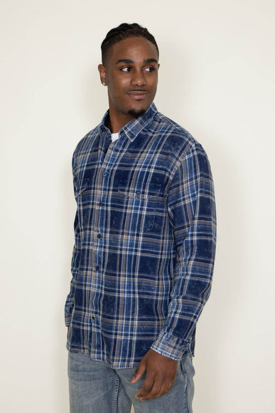 Washed Cotton Plaid Flannel Shirt for Men in Blue Tan