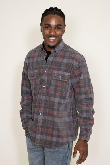 Corduroy Reverse Plaid Flannel Shirt for Men in Grey Brown