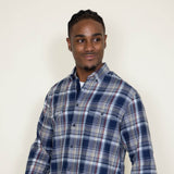 Washed Cotton Plaid Flannel Shirt for Men in Blue Taupe