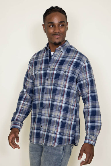 Washed Cotton Plaid Flannel Shirt for Men in Blue Taupe