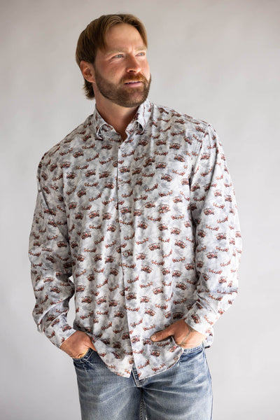 Santa Sleigh Button Up Shirt for Men in Silver