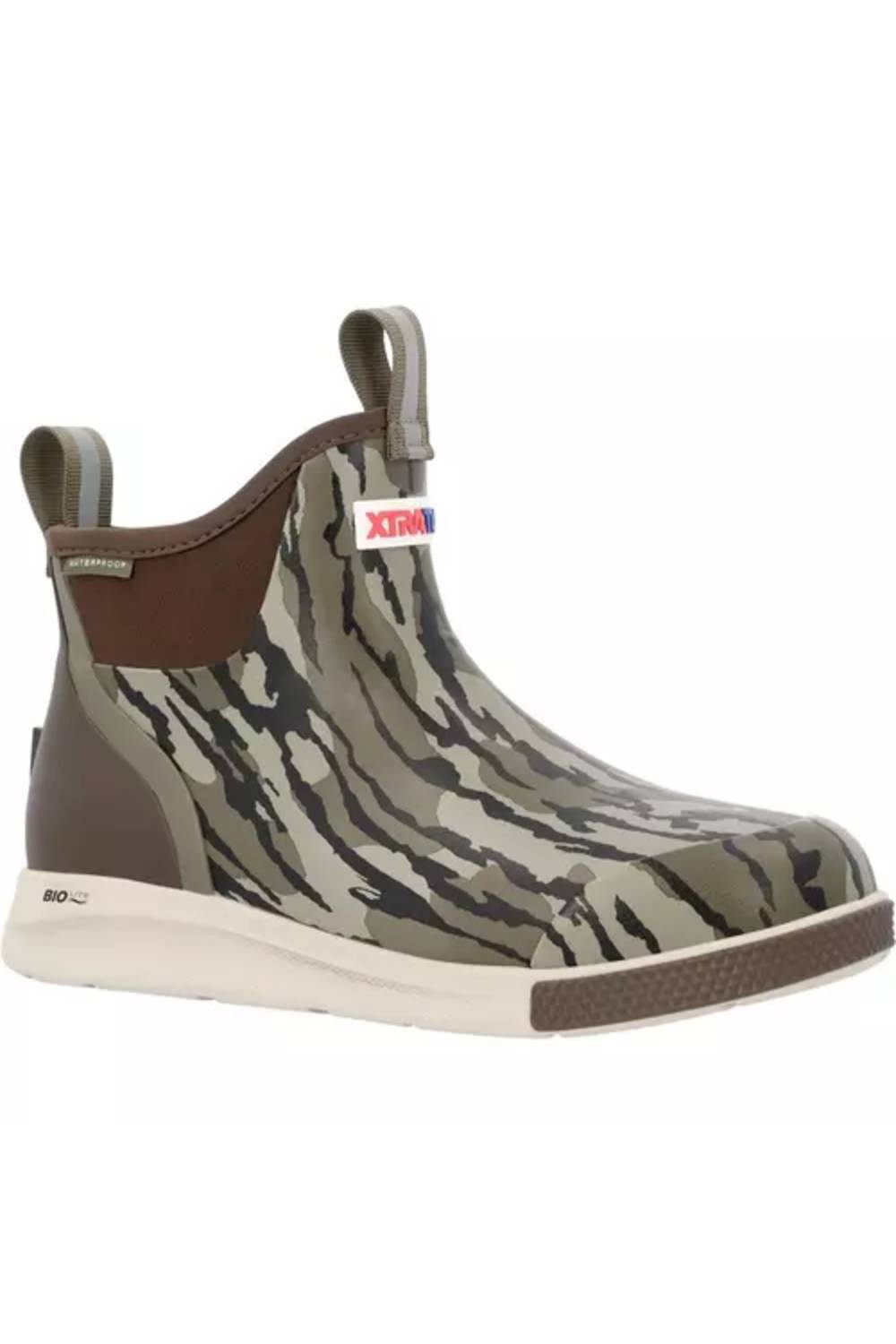 A single boot with a green and gray camouflage pattern, brown elastic side panel, and a white sole, shown against a plain white background.
