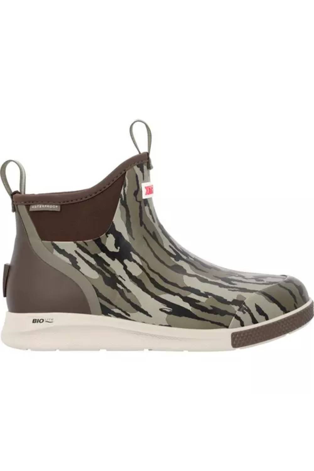 A single ankle-high boot, featuring a brown and gray camo-like pattern on a light gray base, with solid brown elastic side panels and a white sole.