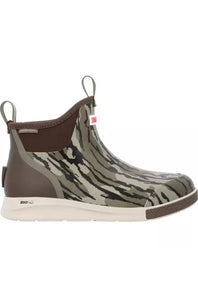 A single ankle-high boot, featuring a brown and gray camo-like pattern on a light gray base, with solid brown elastic side panels and a white sole.