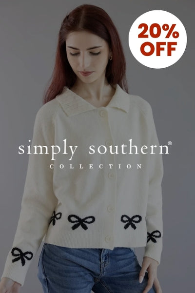 Promotional graphic with a woman wearing a white collared top with black bow details and jeans in front of a basic background with an image overlay darkening the image. The Simply Southern logo in white is in the center of the image and a circular callout in the upper right corner that reads 20% OFF
