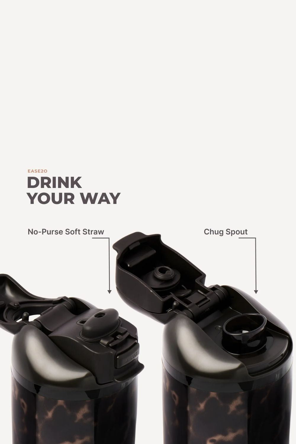 Two insulated water bottles with black flip-top lids shown on a light gray background, labeled 'No-Purse Soft Straw' and 'Chug Spout' with the headline 'DRINK YOUR WAY'.