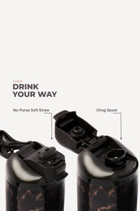 Two insulated water bottles with black flip-top lids shown on a light gray background, labeled 'No-Purse Soft Straw' and 'Chug Spout' with the headline 'DRINK YOUR WAY'.