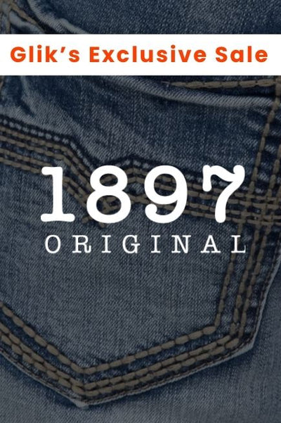 Promotional image featuring a close-up of 1897 Jeans denim with detailed stitching and the 1897 Original logo, with text reading Glik's Exclusive Sale.
