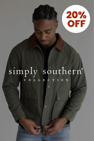 Promotional graphic with a man wearing a dark green barn jacket in front of a basic background with an image overlay darkening the image. The Simply Souhern logo in white is in the center of the image and a circular callout in the upper right corner that reads 20% OFF