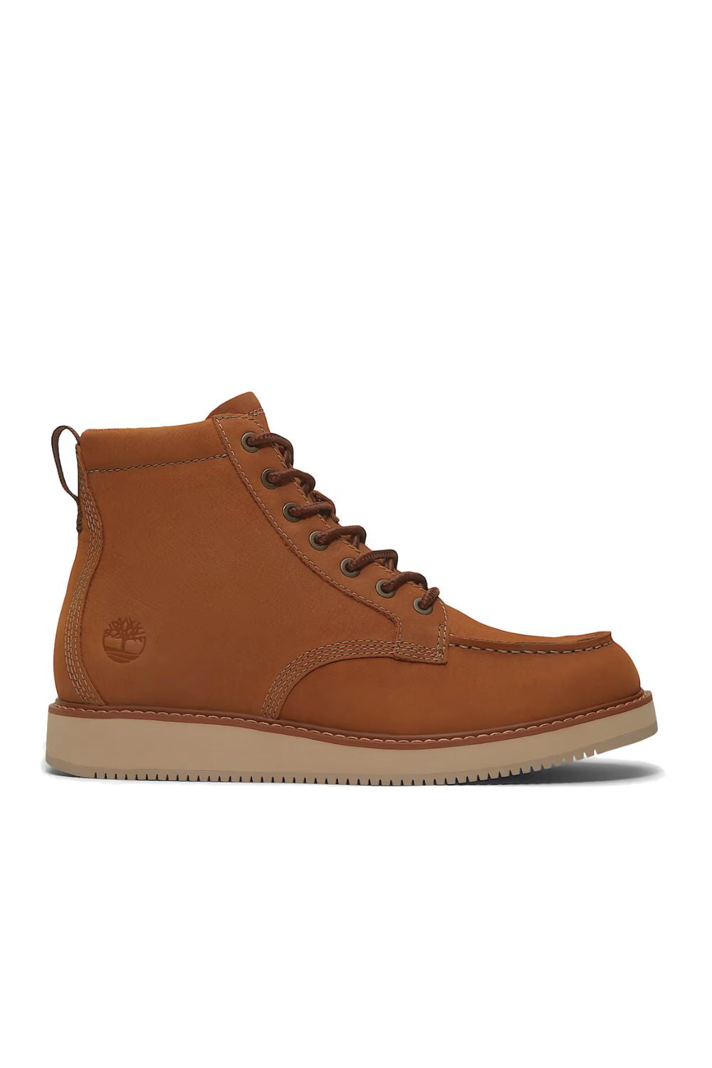 A single Timberland ankle boot in tan brown suede, featuring dark brown laces, a pull tab, and a light tan rubber sole, shown from a side profile on a white background.