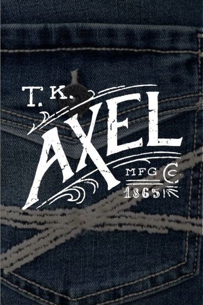 Dark image of a jeans back pocket with the T.K. AXEL MFG 1865 brand logo in white over top