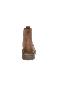A single brown leather ankle boot shown from the back on a plain white background.