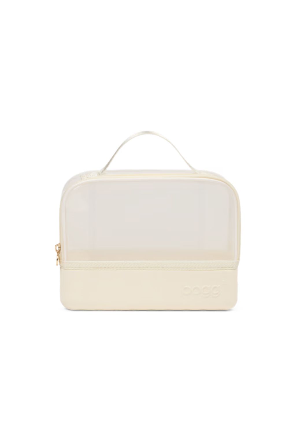 An off-white double-compartment travel organizer bag with a clear top window, a top carry handle, and a small embossed logo on the bottom right.