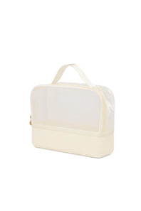 An off-white and cream-colored travel organizer pouch with a semi-transparent front window, a top carry handle, and a zippered bottom compartment, shown on a plain white background.