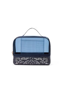 A navy blue and light blue zippered travel pouch with a white paisley bandana print on the bottom half and a top carry handle, shown on a plain white background.