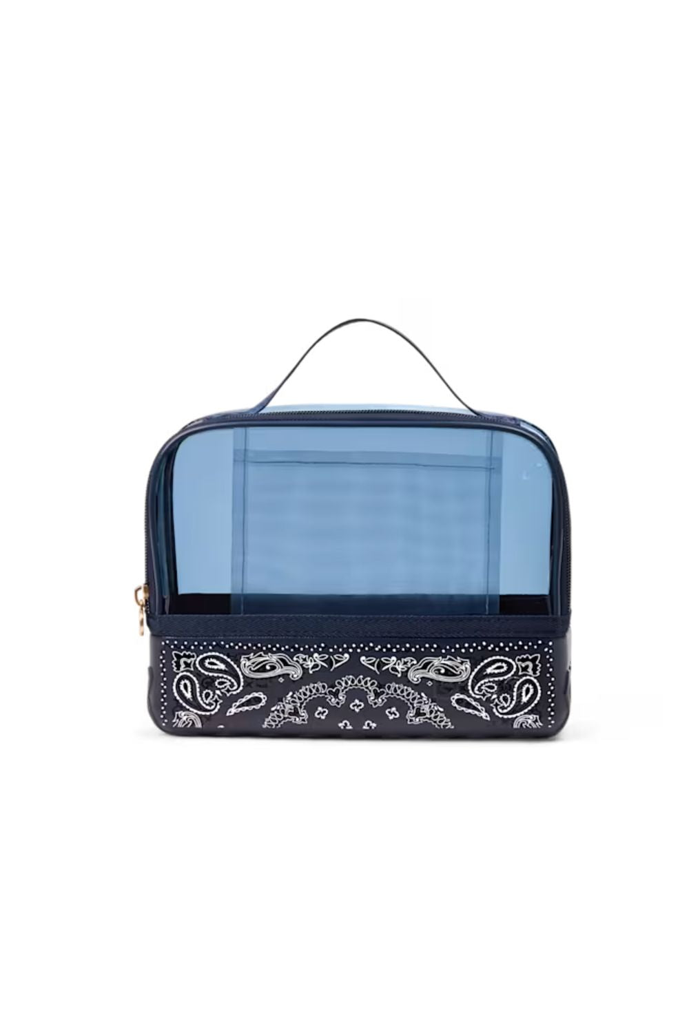 A navy blue and light blue zippered travel pouch with a white paisley bandana print on the bottom half and a top carry handle, shown on a plain white background.