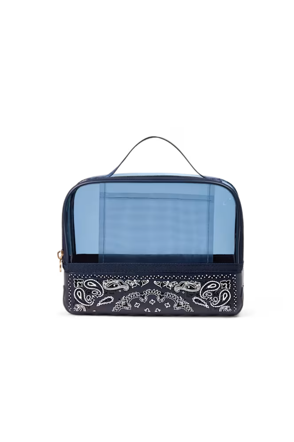A rectangular travel packing cube with a translucent light blue top half and a navy blue bottom half featuring a white paisley bandana print, complete with a top handle and zipper closure.