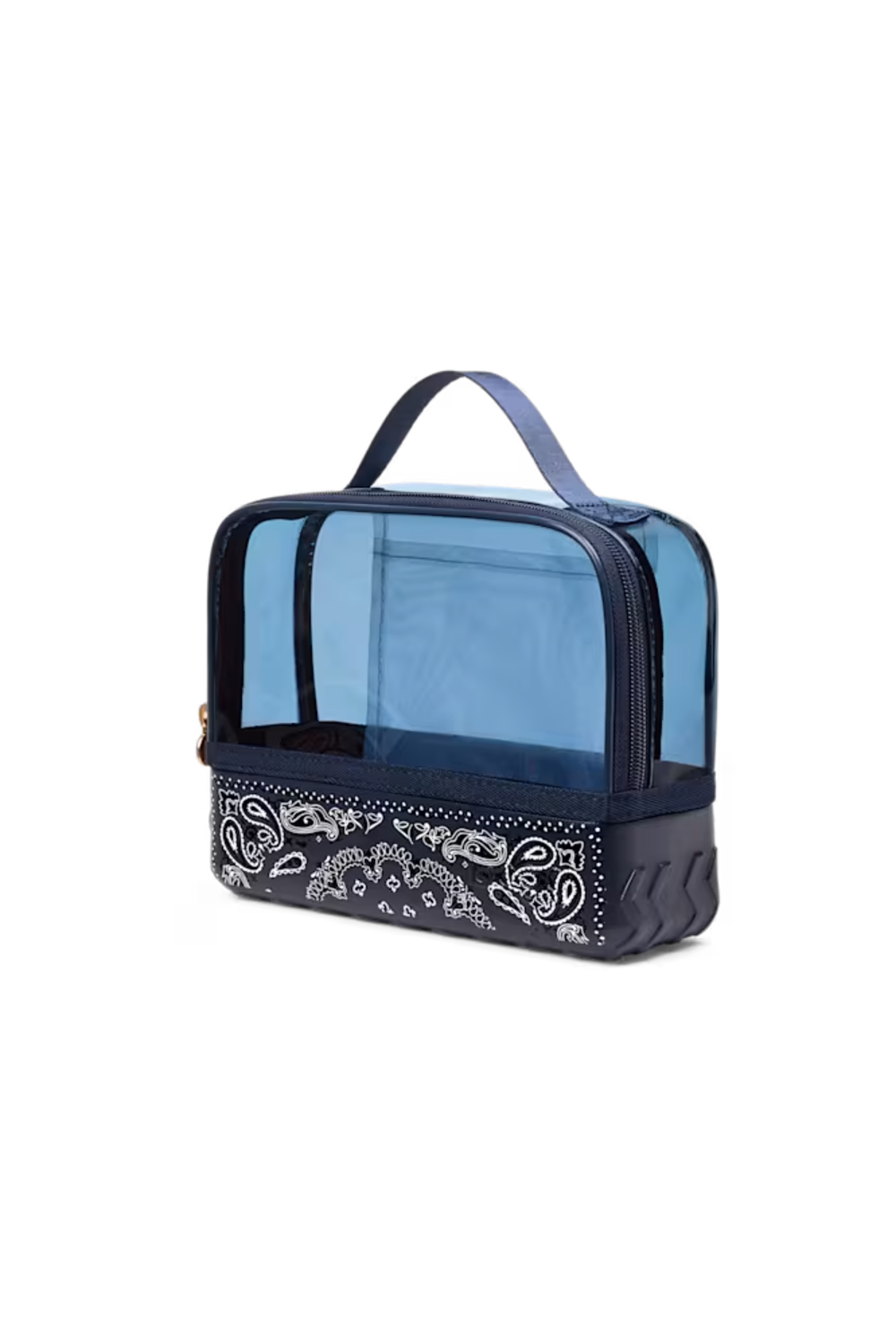 A navy blue and light blue transparent zippered travel organizer bag with a white paisley bandana print on the bottom base and a top carry handle, shown on a plain white background.