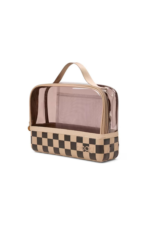 A clear plastic toiletry bag with a beige and black checkerboard patterned base, a beige top handle, and a translucent pink-tinted window, shown on a plain white background.