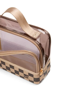 A clear zippered toiletry bag with a beige top handle and a beige-and-black checkered base, shown on a white background.