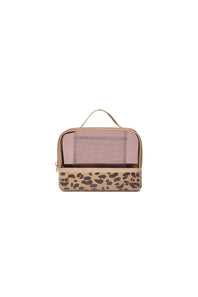 A rectangular toiletry bag with a leopard print pattern on the bottom half and a sheer dusty pink window on the top half, featuring a top handle and gold-tone zipper.