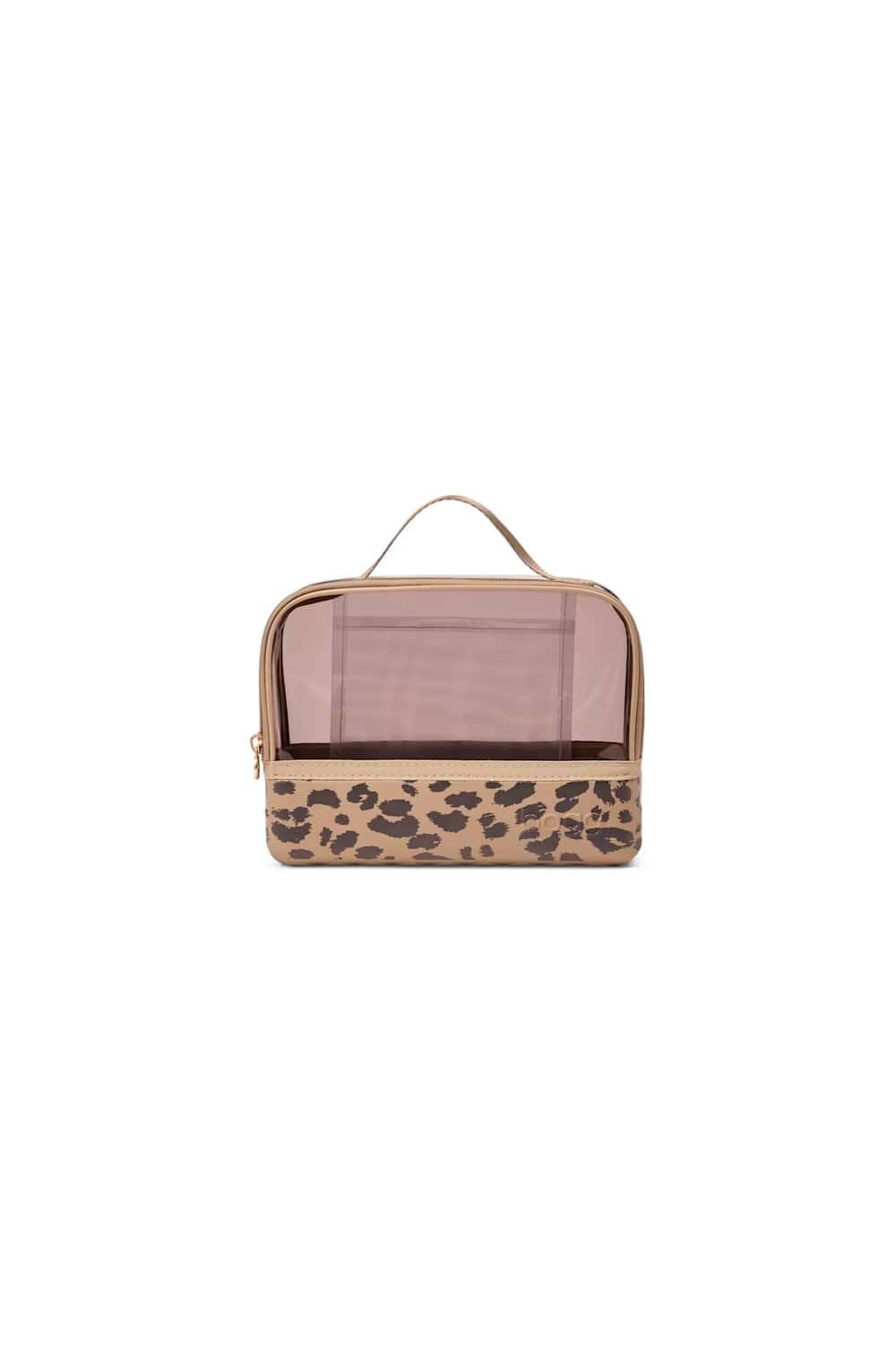 A rectangular toiletry bag with a leopard print pattern on the bottom half and a sheer dusty pink window on the top half, featuring a top handle and gold-tone zipper.