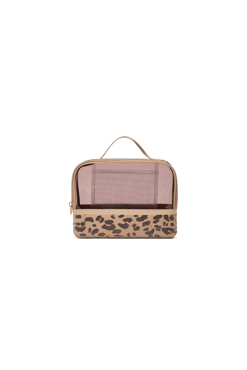 A rectangular toiletry bag with a leopard print pattern on the bottom half and a sheer dusty pink window on the top half, featuring a top handle and gold-tone zipper.