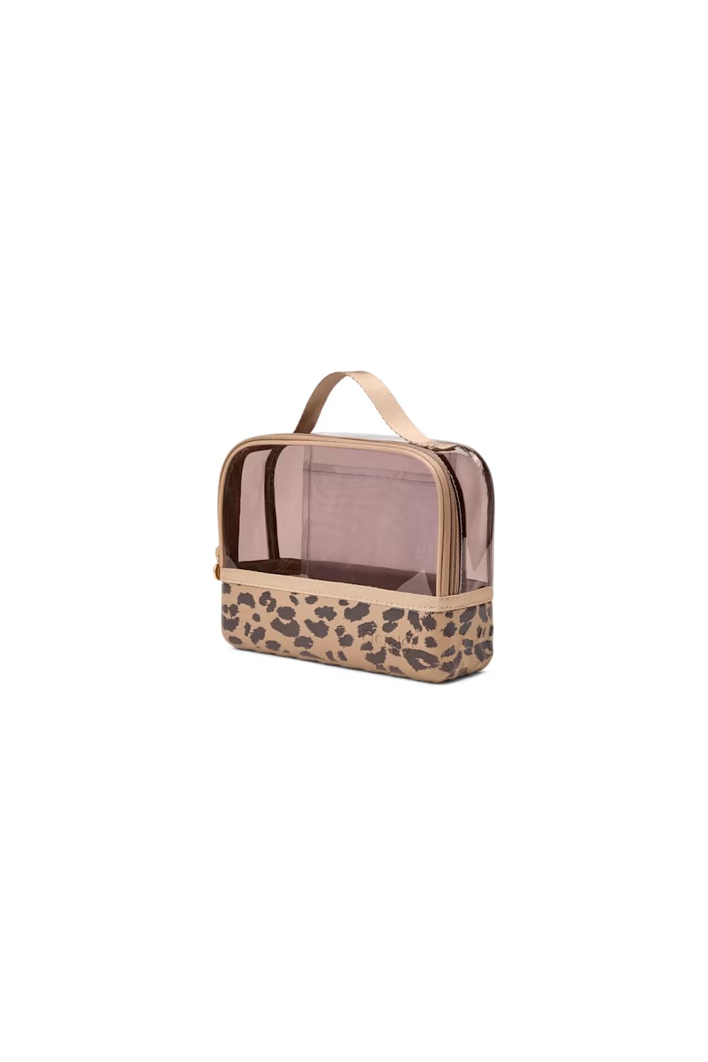 A rectangular toiletry bag with a leopard print pattern on the bottom half and a clear plastic top window with a beige handle, shown on a plain white background.